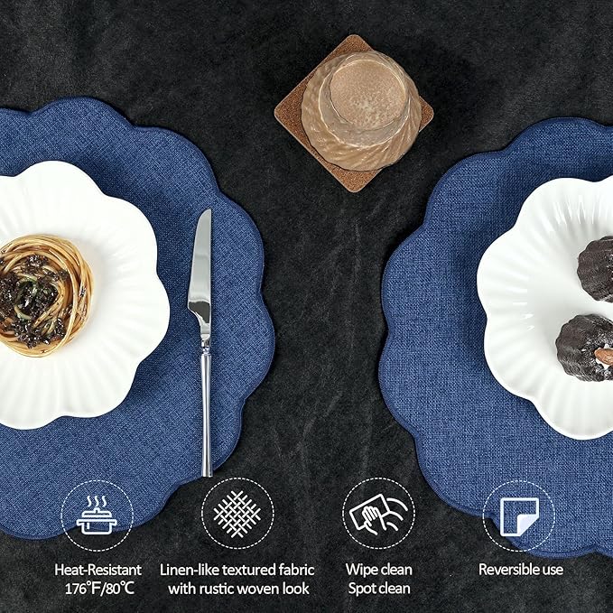 AHHFSMEI Round Faux Linen Placemats Set of 4 Heat Resistant Non-Slip Stain Proof Table Mats for Kitchen Dining Elegant Decor Place Mats (Navy Blue,4)