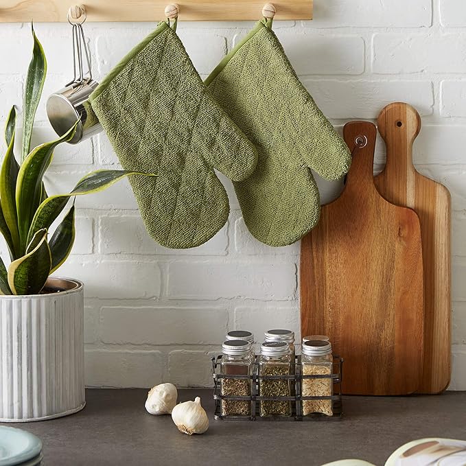 DII Basic Terry Collection 100% Cotton Quilted, Oven Mitt, Antique Green, 2 Piece