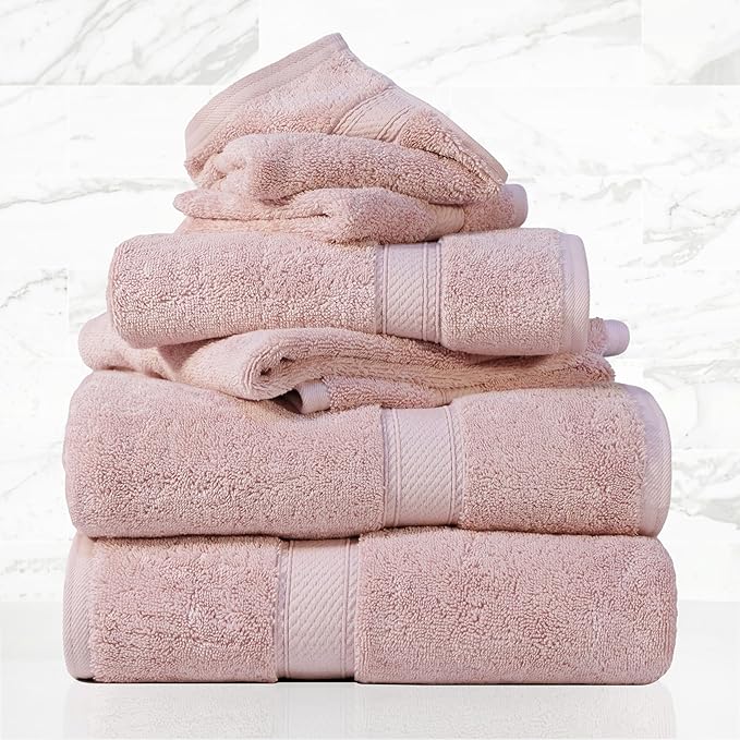 SUPERIOR Egyptian Cotton Pile 6 Piece Towel Set, Includes 2 Bath, 2 Hand, 2 Face Towels/Washcloths, Ultra Soft Luxury Towels, Thick Plush Essentials, Guest Bath, Spa, Hotel Bathroom, Tea Rose