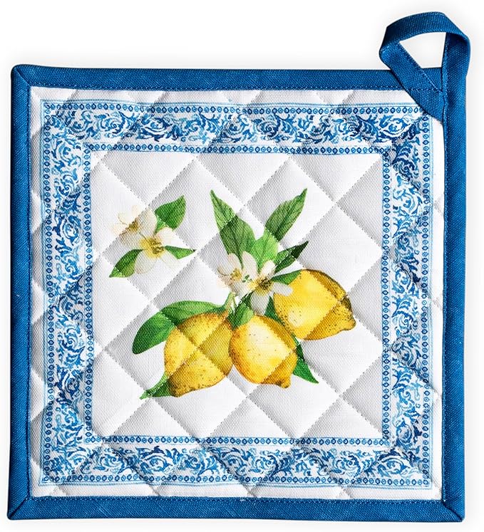 Maison d' Hermine Pot Holders 100% Cotton Heat Resistant Potholders 8" x 8" Hot Pads with Loop BBQ Cooking Baking Gifts for Mothers Day Handling Hot Pans Spring/Summer (Pack of 1, Cedrat)