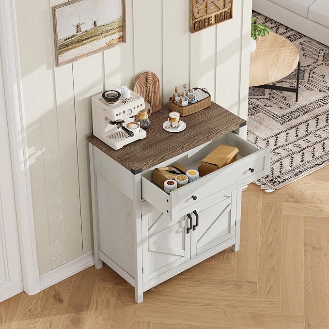 ChooChoo Kitchen Storage Cabinet, Coffee Bar Cabinet, Farmhouse Buffet Sideboard with Drawer for Kitchen, Living Room, White