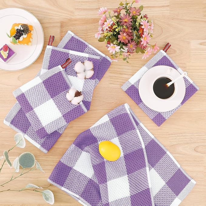 Homaxy Kitchen Towels and Dishcloths Set, 12 x 12 and 13 x 28 Inches, Set of 8 Bulk Cotton Waffle Weave Check Plaid Kitchen Towels, Super Soft and Absorbent Dish Towel, White & Purple