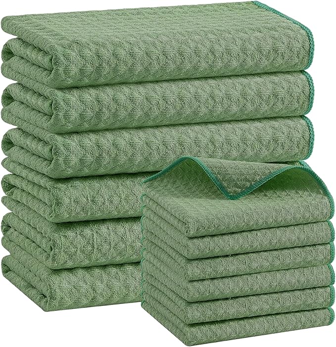 Homaxy Microfiber Waffle Weave Kitchen Towels Set, 16 x 28 Inch and 12 x 12 Inch Ultra Absorbent and Solid Color Dish Towels, 12 Pack, Grass Green
