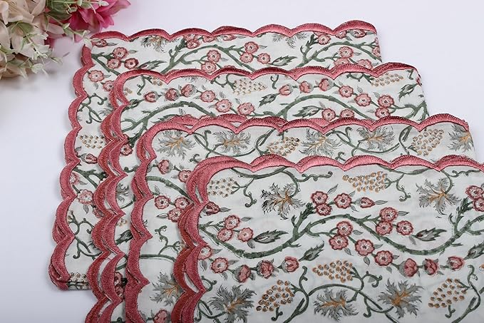 Ridhi Hand Block Print Coral Pink 18" x 18" (Set of 4) Embroidery Table Napkins Reusable Cotton Dinner Napkins for Weddings, Parties, Everyday Dining Gift for Spring, Easter, Valentine