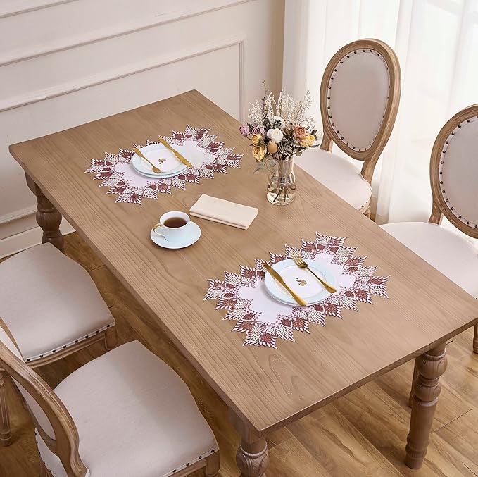 White Dark Red Linen Lace Placemats 14”x20” Set of 2 Coffee Table Topper Dresser Scarf Place Mats (Set of 2, Dark Red)