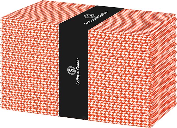 Napkin 100% Cotton 18 Inch x 18 Inch Dinner Houndstooth Check Napkins, Decorative Washable Cloth Napkin Set of 12 for Dining, Buffet Parties & Camping - Orange