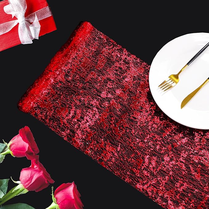 Snowkingdom Red Sparkly Table Runner Glitter Sequin Glitter Metallic Foil Mesh Lace 11 Inch x 49 Feet Long Roll Centerpieces Decorations for Wedding Anniversary Mother's Day Valentine Party Birthday