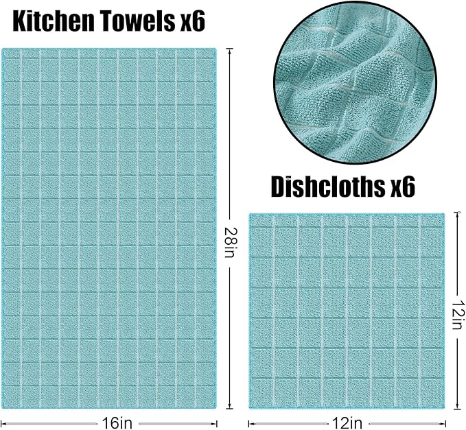 Homaxy Microfiber Kitchen Towels and Dishcloths Set, 12 Pack Soft and Absorbent Dish Hand Towels Bulk, 28 x 16 Inch & 12 x 12 Inch Quick Drying Rags for Washing Dishes, Lake Blue