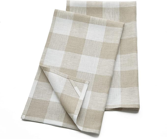Solino Home Linen Kitchen Towels Set of 2 - Natural and White 16.5 x 26.5 Inch - 100% Pure Linen Buffalo Check Kitchen/Tea Towels - Handcrafted and Machine Washable