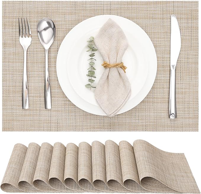 Myir JUN Placemats Set of 10, Vinyl Woven Placemats Place Mats Indoor Set of 10 Washable Table Mats Non-Slip Place mats for Dining Table (Beige)