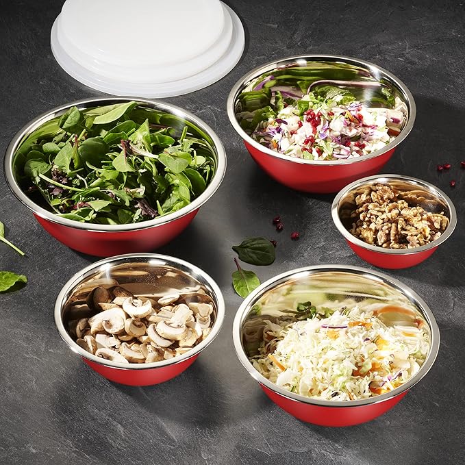 WHYSKO Stainless Steel Mixing Bowl Set, 10 Piece Stainless Steel Mixing Bowls with Lids Set for Food Prep Storage and Serving, Dishwasher Safe for Kitchen Baking Cooking, Red