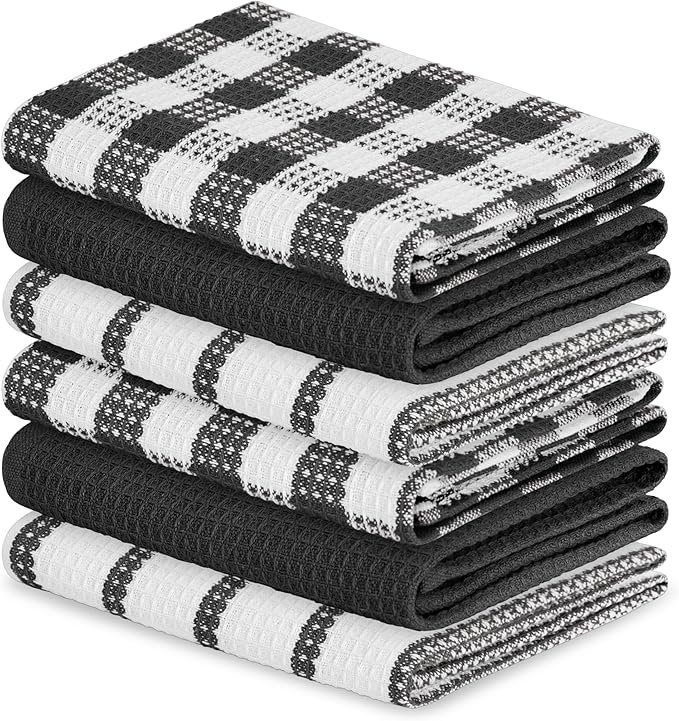 Blue Needles Waffle Weave Kitchen Towels, 15x25 Inches 100% Cotton Set of 6 Dish Cloths for Kitchen, Ultra Soft & Absorbent with Hanging Loop, Dish Rags for Quick Drying, Assorted - Black