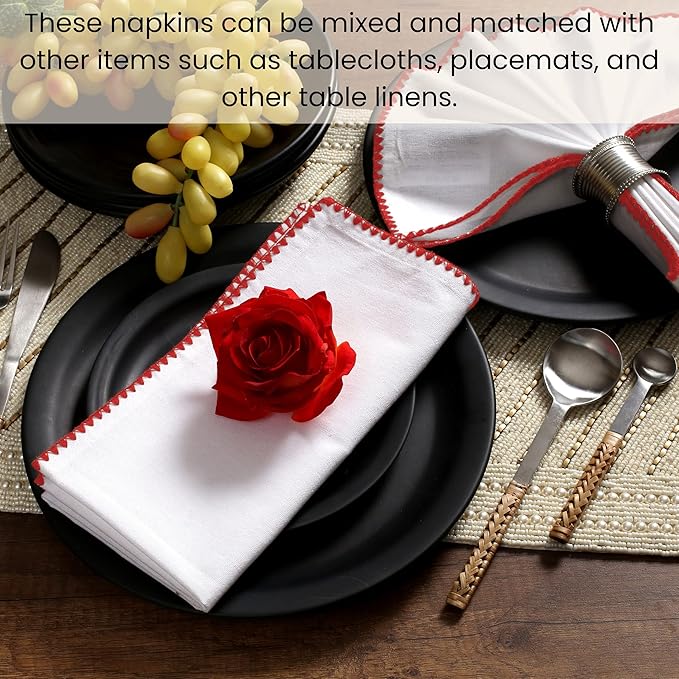 Cotton Clinic Cloth Napkins with Trim - Everyday Use Table Dinner Napkins - Soft Durable Washable - Ideal for Dinner Party Wedding Christmas Easter - Set of 12-20x20 inches Red White Napkins
