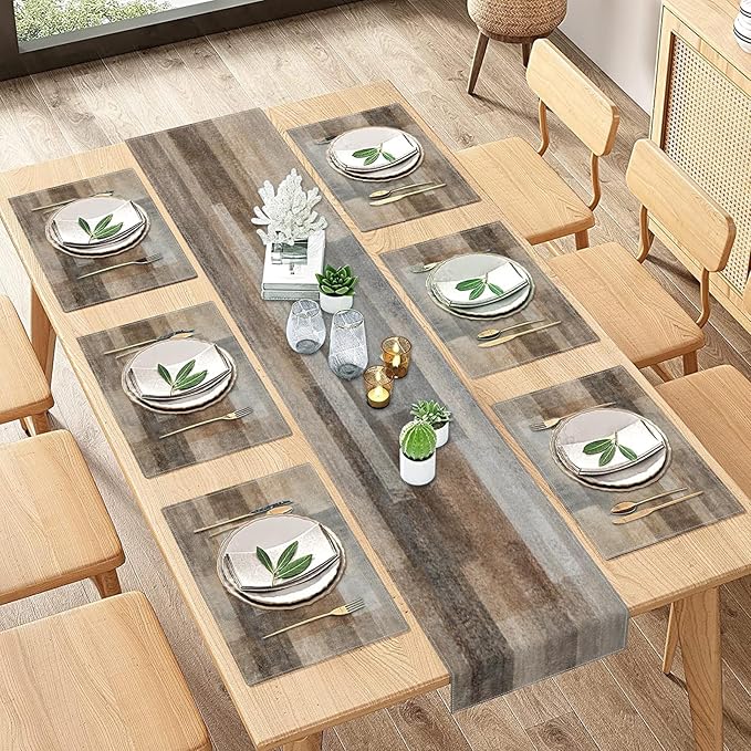 ArtSocket Farmhouse Table Runner and Placemats Set of 6, Abstract Brown Grey Painting Art Dining Decor for Daily Use(1 Table Runner 72 inches Long and 6 Placemats)