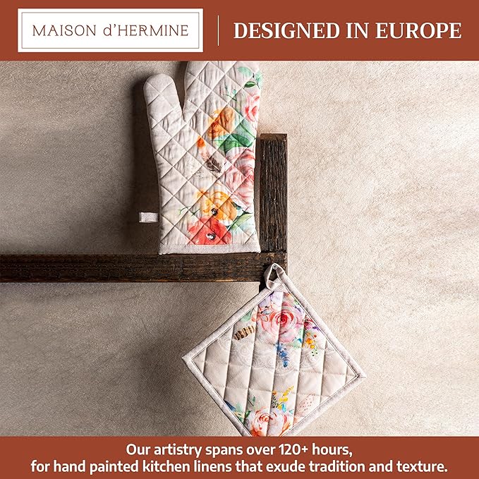 Maison d' Hermine 100% Cotton Oven Mitt & Pot Holder Set (7.5"x13" & 8"x8") Heat Resistant BBQ Cooking Gloves with Loop Baking Grilling Kitchen Gifts for Mothers Day Spring/Summer (Ibiza - Beige)