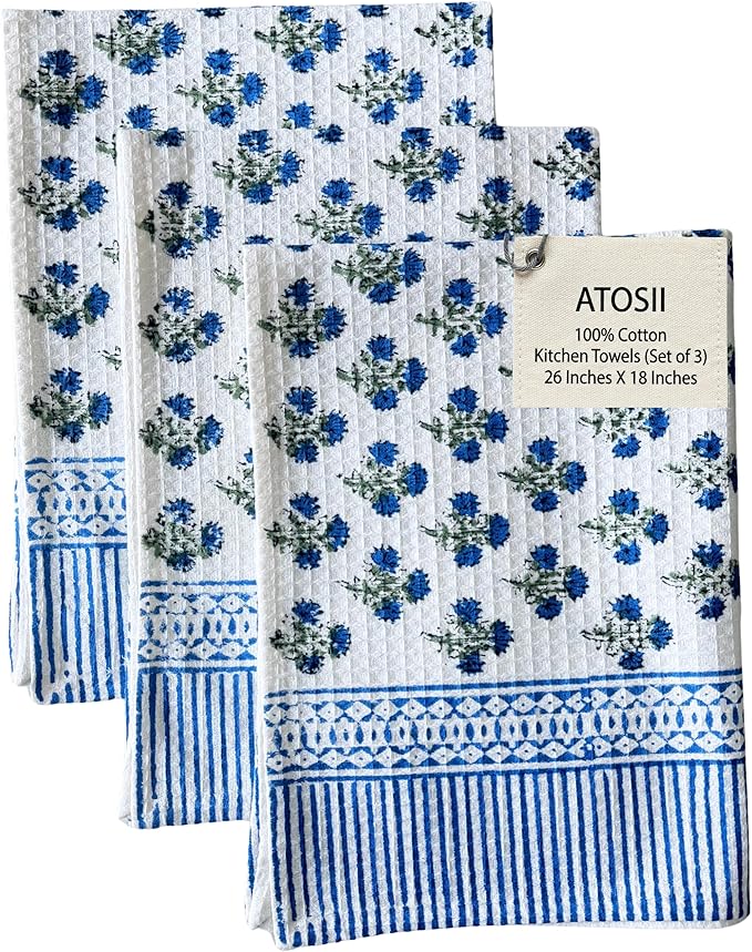 ATOSII 100% Cotton Hand Block Print Waffle Kitchen Towel, Set of 3, 18 x 26 Inches Ultra Absorbent Quick Dry Dish Towels, Reusable Sustainable Tea Towels for Cleaning and Drying, Gulbahar Blue
