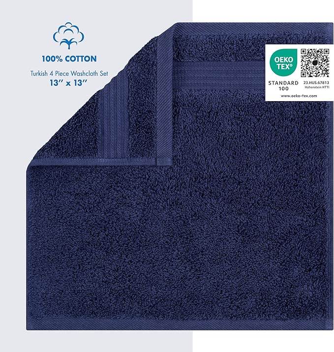 Cotton Paradise 100% Cotton Turkish Washcloth Set for Bathroom, 4 Piece Soft Absorbent Small Towels Wash Rags, Navy Blue