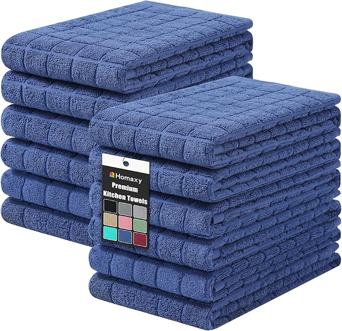 Homaxy Premium Cotton Kitchen Towels 16"x 28", Large Natural Ring Spun 390 GSM Dish Towels, Super Absorbent Terry Kitchen Hand Towels, Soft Tea Towels with Hanging Loop, Pure Navy Blue Design, 12 Pack