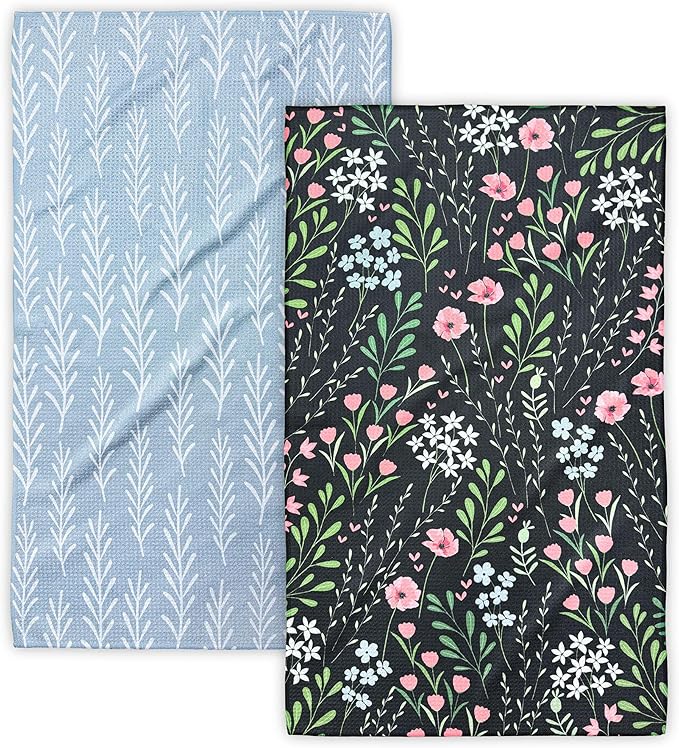 Eulnars Kitchen Towels, 18" x 30" Dish Towels for Kitchen Drying, Quick Dry Tea Towels, Premium Microfiber Dish Cloths, Midnight Bloom Series, 2-Pack