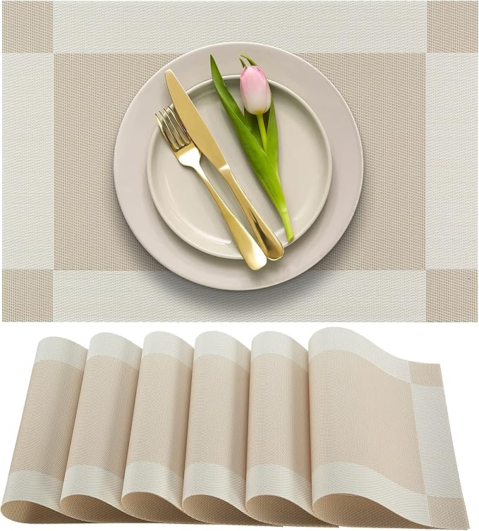 More Décor Dining Table Placemats, Washable Heat-Resistant PVC Vinyl Table Mats for Dining Room and Kitchen, Anti-Slip - Set of 6 - Ivory