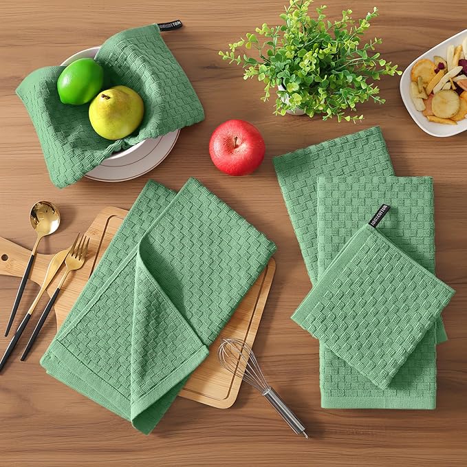 Homaxy 100% Cotton Terry Kitchen Towels(15" x 25", 6 Pack), Soft and Super Absorbent Dish Towels, 380 GSM Reusable Tea Towel with Hanging Loop, Pineapple Grid Designed, Grass Green