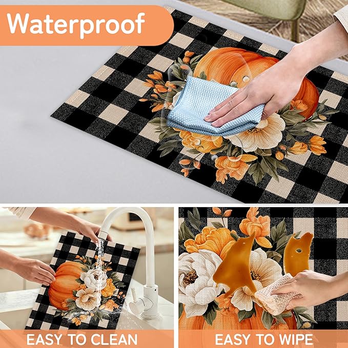 Plaid Pumpkin Placemats Set of 6,Flower Dinner Table Mats Non-Slip Washable Mats for Kitchen Dinner Party Tablemat 12x18Inch