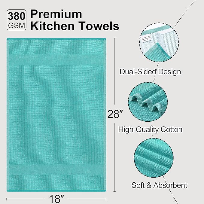 Mordimy Premium Kitchen Towels 6 Pack (18 x 28 Inches, Teal), Large Cotton Kitchen Hand Towel, Flat & Terry Dish Towels for Drying Dishes, Super Absorbent Tea Dishtowels Set with Hanging Loop