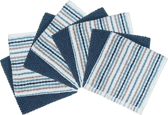Bumble Premium Dish Cloths Towel 12"x12" | 100% Natural Ring Spun Cotton Tea Towel Set | 430 GSM | Highly Absorbent & Soft Dish Towels | 8 Pack - 4 Popcorn Striped & 4 Solid Kitchen Towels - Blue