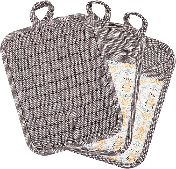 Pot Holders Set of 3 Silicone Printing Non Slip Heat Resistant, Yarm-Dyed Hot Pads Cotton Home Kitchen Cooking Barbecue Microwave Women Men Machine Washable BBQ Grilling. (Khaki Potholdes)