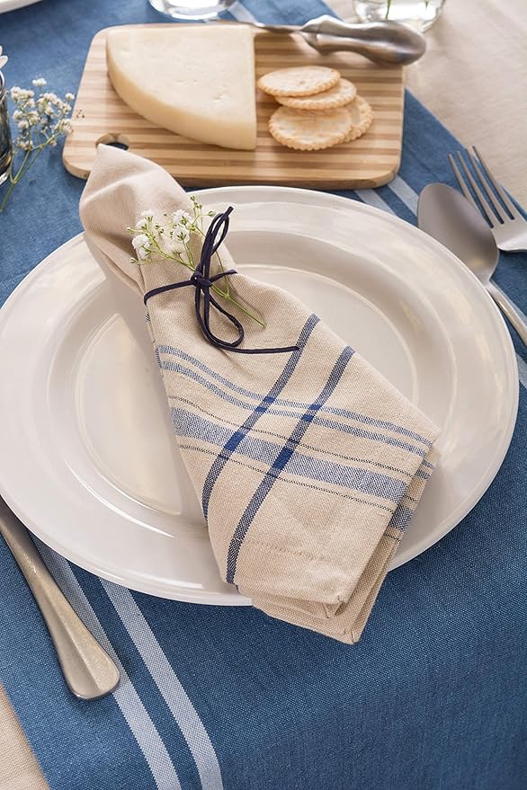 DII French Stripe Tabletop Collection Farmhouse Style Dining Table Linen Napkin Set, 20x20, Taupe/Blue, 6 Piece