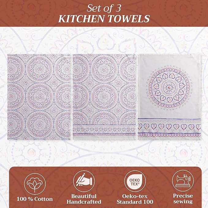 Maison d' Hermine Kitchen Towels Set of 3 100% Cotton 27.50" x 20" Reusable Cloth Tea Dish Towels Absorbent with Hanging Loop for Kitchen Gifts for Mothers Day Spring/Summer (Mandala)
