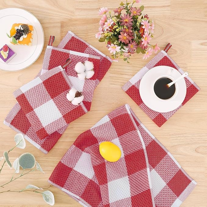 Homaxy Kitchen Towels and Dishcloths Set, 12 x 12 and 13 x 28 Inches, Set of 12 100% Cotton Waffle Weave Check Plaid Kitchen Dish Towels, Super Soft and Absorbent Dish Cloths, White & Red