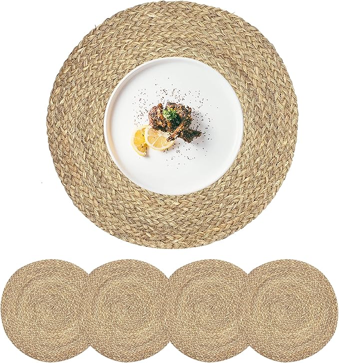 Woven Placemats for Dining Table Set of 4, 100% Natural Straw, Rustic Round Placemats Farmhouse Table Mats Rattan Wicker Placemats Hand Braided Place Mats for Indoor Outdoor, 14.17“