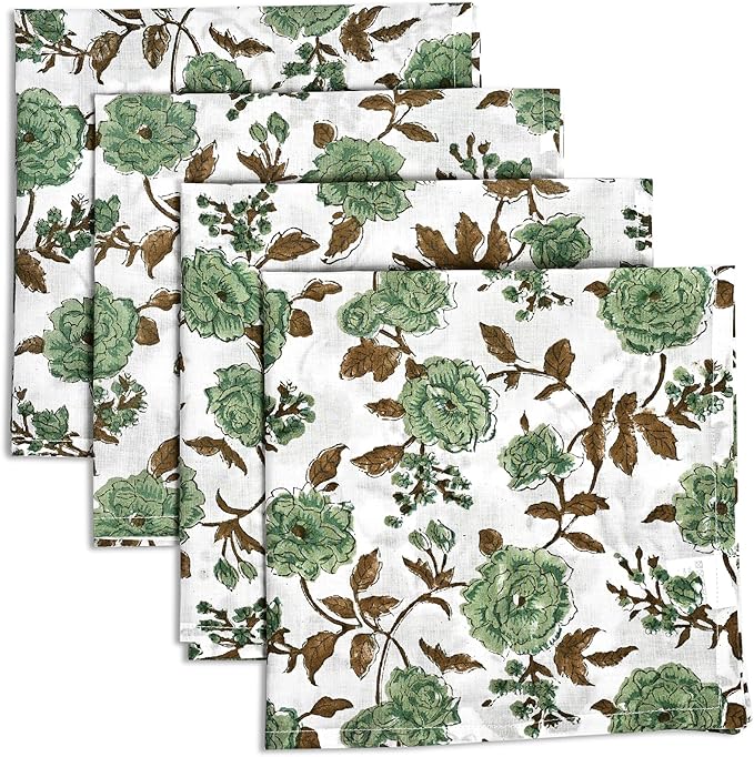 CPC Cloth Napkins Set of 4 Cotton Printed Dinner Hand Print Napkins I Wedding Cocktail Cloth Floral Napkins I 18x18 in I Moss Green