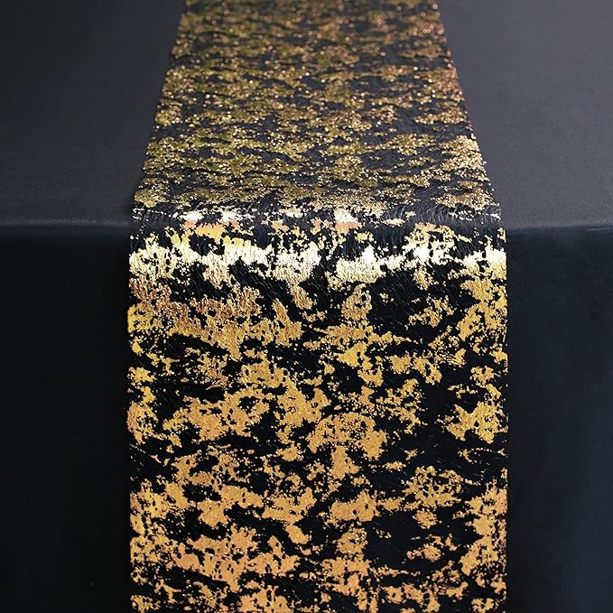 Snowkingdom 2 Pcs Black and Gold Table Runner, 11 x 108 Inch Gold Metallic Foil Glitter Runners for Party, Table Centerpieces Decorations for Birthday Wedding Graduation Fall Thanksgiving Christmas