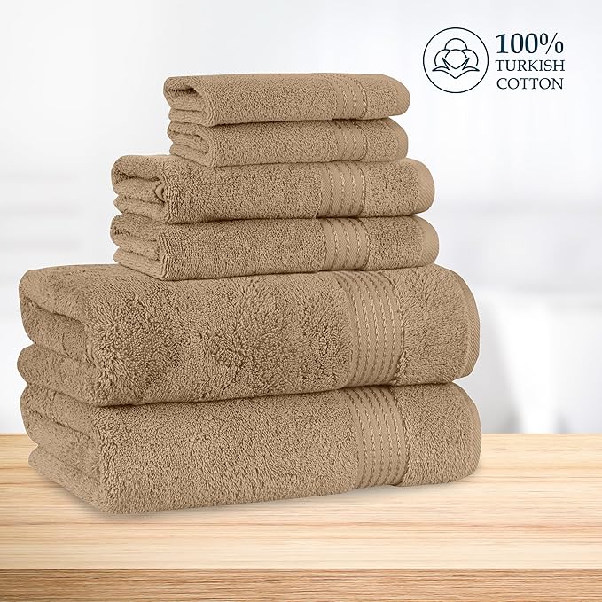 Mocassi Luxury 100% Turkish Cotton 6-Piece Towel Set - Ultra Soft, Quick Dry Highly Absorbent Premium Spa Hotel Quality Bath Towels, Includes 2 Bath Towels, 2 Hand Towels and 2 Washcloths, Taupe