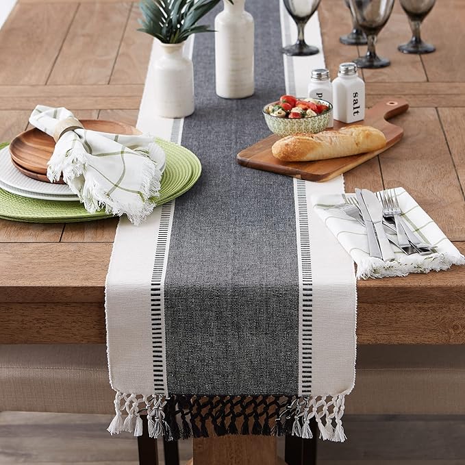 DII Dobby Stripe Woven Table Runner, 13x108 (13x113.5, Fringe Included), Black