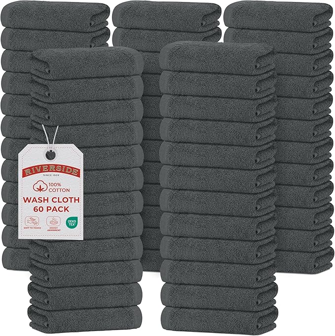 RIVERSIDE Pack of 60 Wash Cloths for Showering, 12 x 12 Inches, Super Soft & Absorbent, 100% Cotton Washcloths Premium Quality Flannel Face Cloths for Bathroom, Gym, Spa (Gray, 60 Pack)