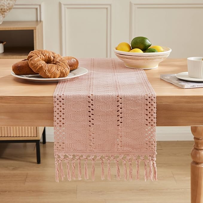 ZeeMart Macrame Style Boho Table Runner, Pink Table Runners 90 Inches Long, Farmhouse Woven Home Decor, 12x90 Inch, Light Pink