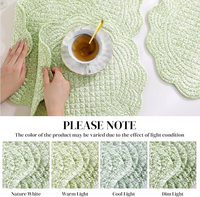 HOMBYS Quilted Placemats Set of 6 Washable Round Placemats for Kitchen Table-100% Cotton Fabric 14 Inch Round Table Mats, Cotton Fabric with Microfiber Filling, (14"x14", White & Green Flower)