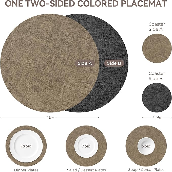 13" Round Placemats Set of 4, NCUE Dual-Sided Faux Leather Heat Resistant Table Mats, Waterproof Oilproof Washable Protective Table Placemats with Coaster, Wipeable Vinyl for Indoor & Outdoor Use