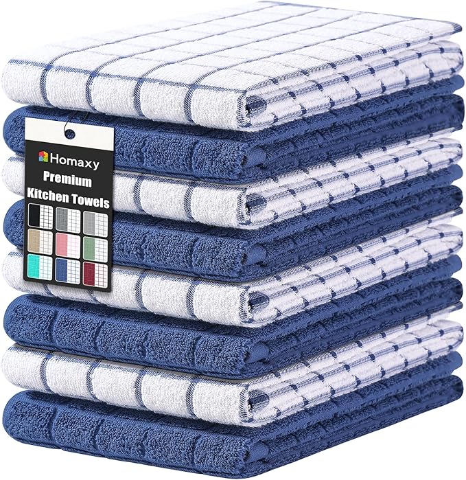 Homaxy Premium Cotton Kitchen Towels 16"x 28", Large Natural Ring Spun 390 GSM Dish Towels, Super Absorbent Terry Kitchen Hand Towels, Soft Tea Towels with Hanging Loop, Navy Blue Check Design, 8 Pack