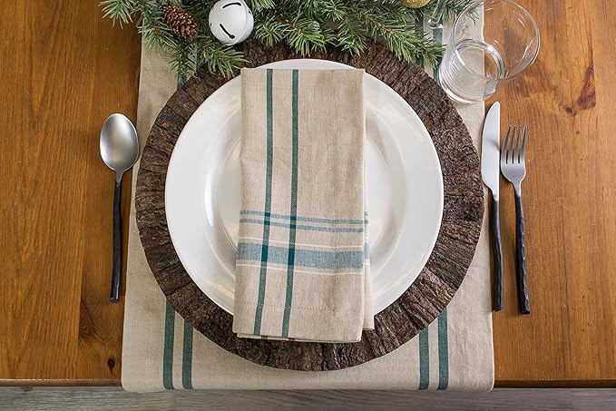 DII French Stripe Tabletop Collection Farmhouse Style Dining Table Linen Napkin Set, 20x20, Taupe/Teal, 6 Piece