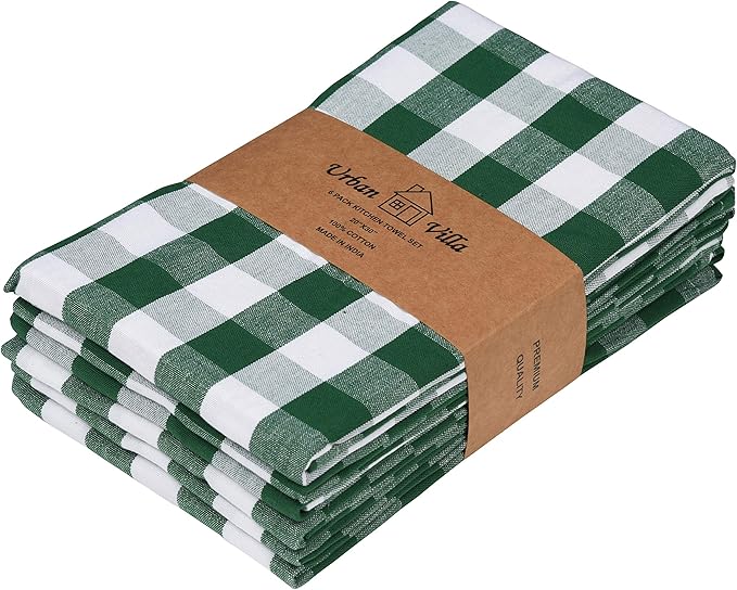 Urban Villa Kitchen Towels 100% Cotton Dish Towels for Kitchen (Set of 6) 20”x30” Dish Cloths Highly Absorbent Kitchen Linen Set with Hanging Loop Perfect for Drying Dishes Cleaning – Hunter/White