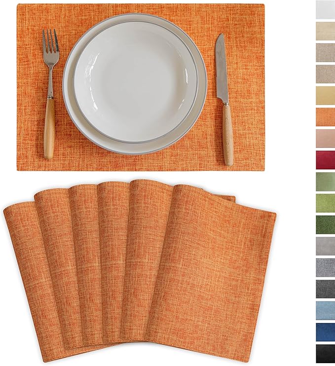 Demetex Orange Placemats Set of 6 Linen Place Mats Modern Washable Table Plate Mats for Dinner Banquet Buffet Restaurant Dining Room, 13x19 inch, Orange