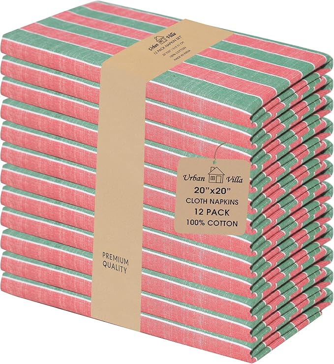 Urban Villa Christmas Cloth Napkin Xmas Stripes Dinner Napkins Set of 12 Red Green White 100% Cotton Reusable Washable Absorbent Soft Cloth Napkins 20”X20”Ideal for Everyday Use Christmas Parties