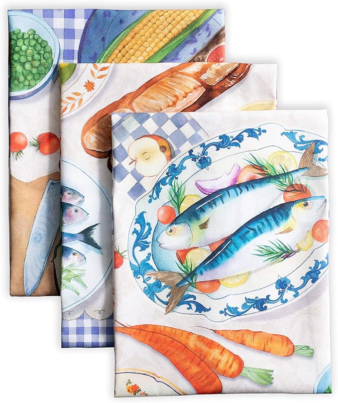 Maison d' Hermine Kitchen Towels Set of 3 100% Cotton 27.50" x 20" Reusable Cloth Tea Dish Towels Absorbent with Hanging Loop for Kitchen Gifts for Mothers Day Spring/Summer (Gourmand)
