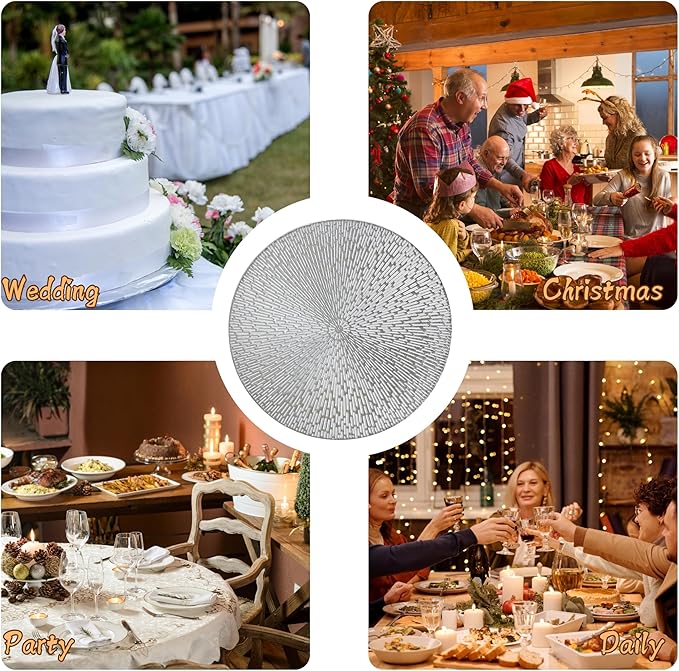 Snowkingdom Silver Round Placemats Set of 6, 15 Inch Metallic Pressed Vinyl Place Mats, Easy Clean Non Slip Heat Resistant Washable PVC Hollow Out Table Mats for Dinner Party Table Decoration