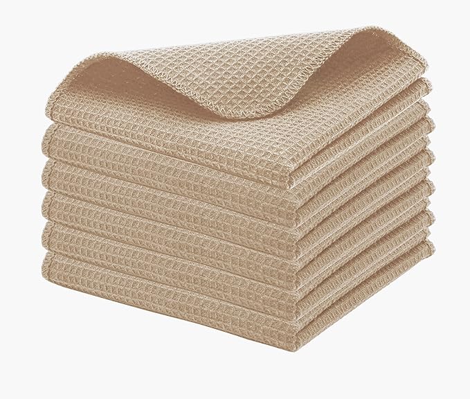 PurpleEssences Dish Cloths and Dish Rags - 6 Pack Waffle Weave Solid Kitchen Dish Wash Cloths, 100% Cotton, 12x12 Inches, Ultra Soft Absorbent Quick Drying - Spring Easter Summer - Beige