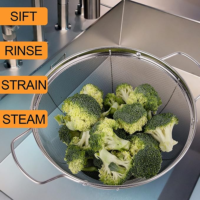 5 Pack 18/8 Stainless Steel Colander Sieves, Multi Size Mesh Strainer Net Baskets with Handles & Resting Base for Strain, Drain, Rinse or Steam
